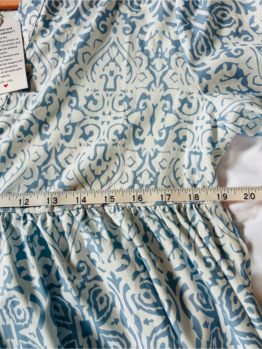MAKE OFFER - Light Blue and White Printed V-Neck Dress, Ruffle Sleeves, size L - Picture 4 of 5